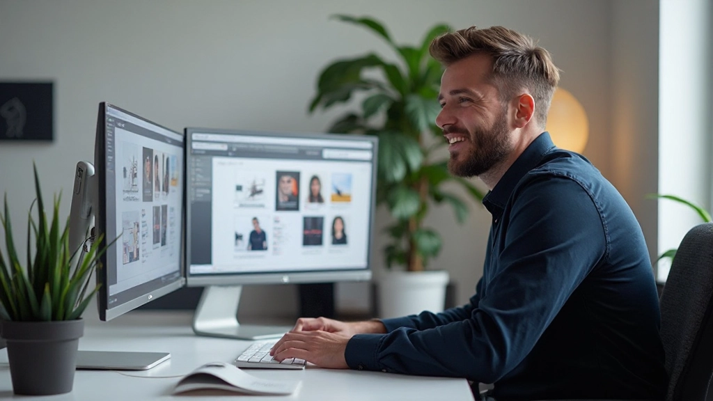 Designer werkt aan webdesign op een modern computersetup met twee schermen en design tools