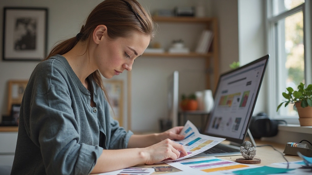 Designer aan het werk met kleurstalen en typografieboeken op een minimalistisch bureau